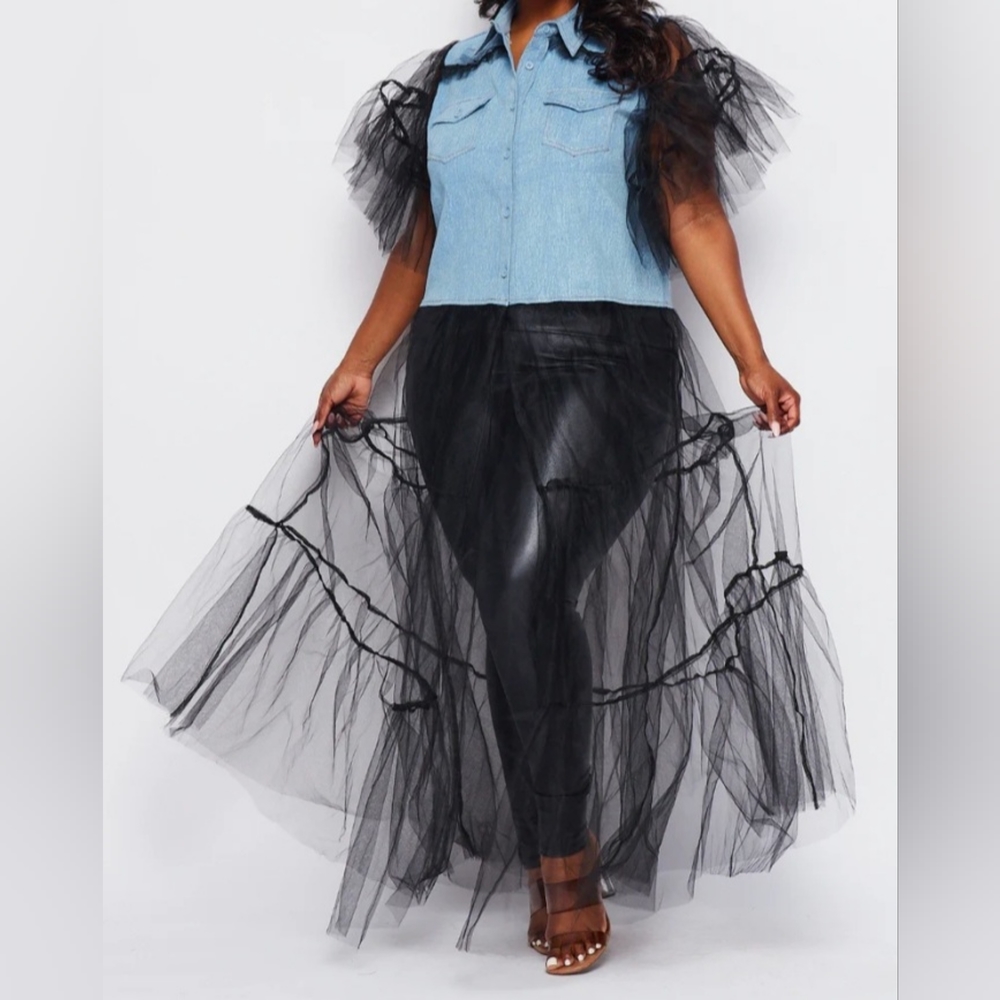 Denim Tulle Top